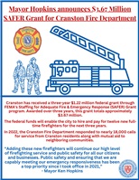 Mayor Hopkins announces $3.6 Million SAFER Grant for Cranston Fire Department
